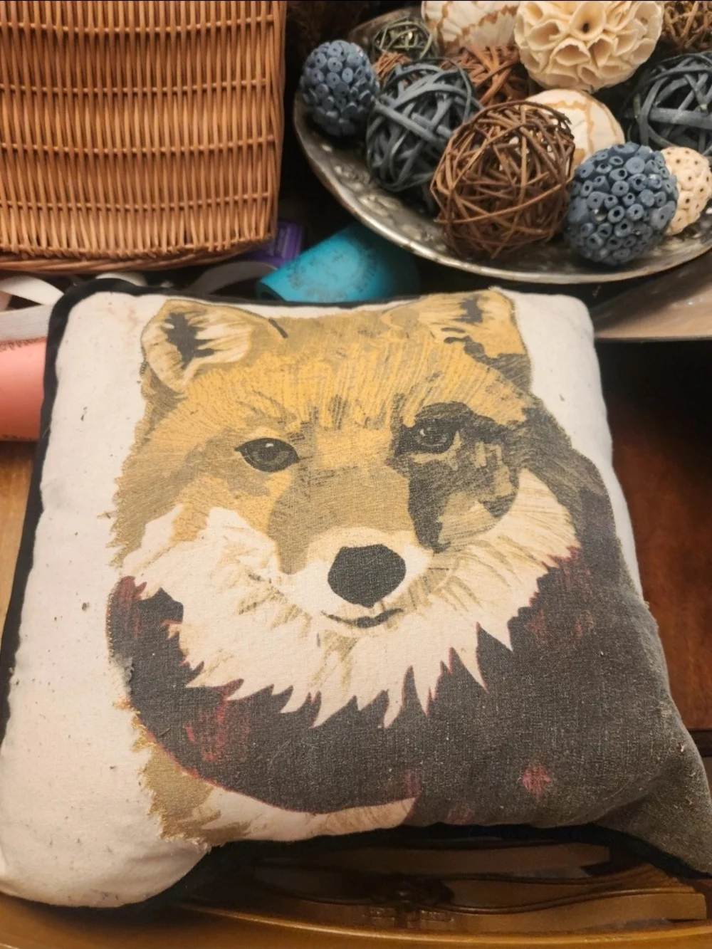Vintage 80's Painted Fox Print Accent Pillow in Neutral and Gold Tones